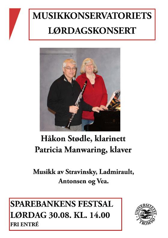 Lørdagskonsert 30. august kl. 14.00 i Sparebankens Festsal med Håkon Stødle, klarinett og Pat Manwaring
